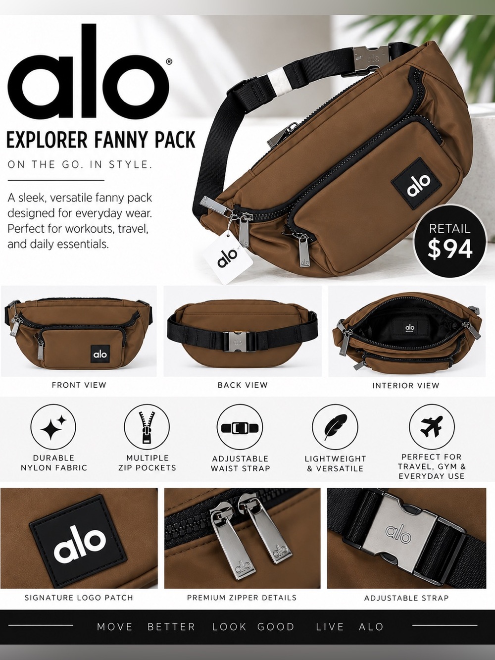 ALO Yoga Brown Belt Bag with Black Strap